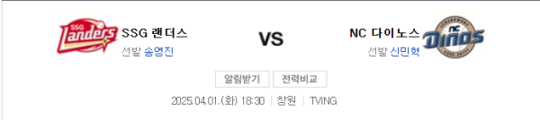 SSG 랜더스 vs NC 다이노스 2025년 4월 1일 예상 스코어 및 베팅 분석 이미지