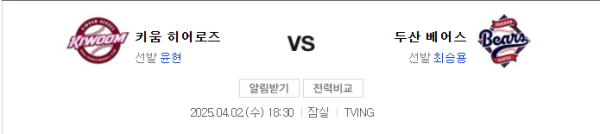 2025년 4월 2일 KBO 키움 vs 두산 예상 스코어 및 배팅 추천 - 두산 5:3 승리 예상